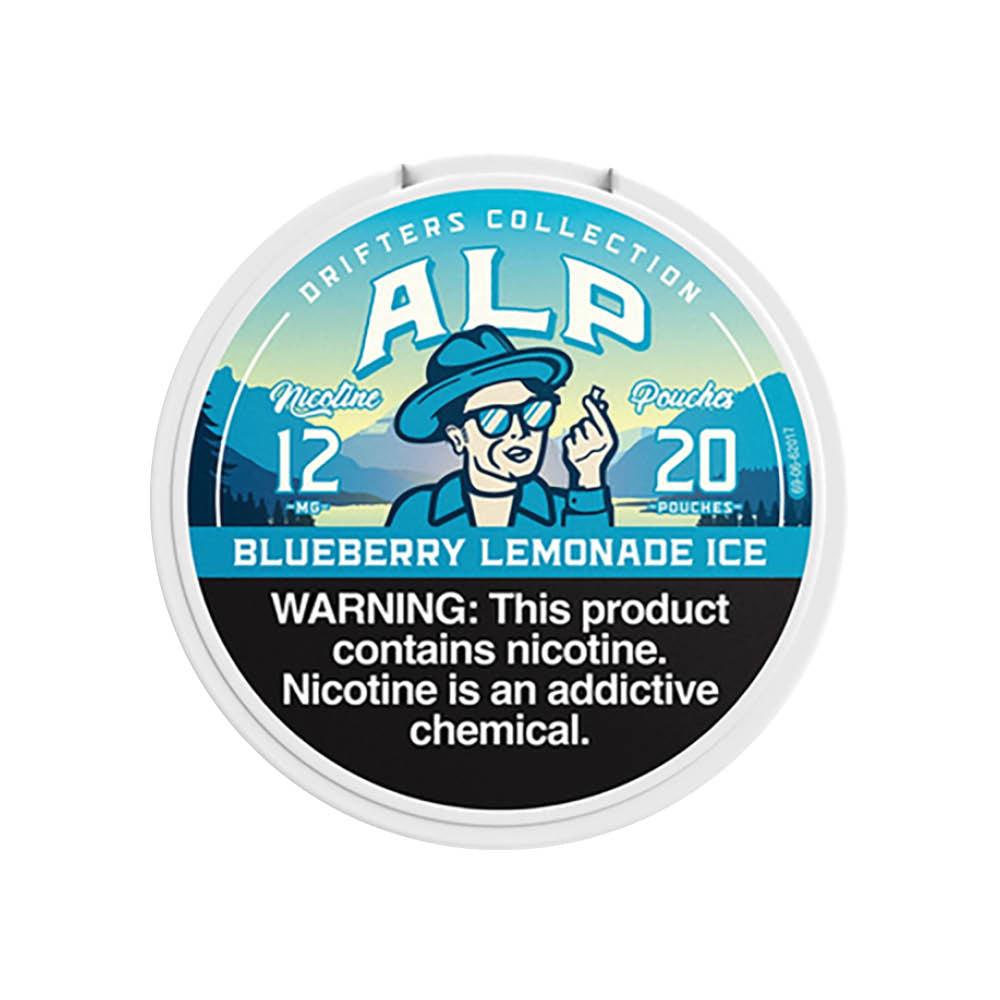 ALP Drifters Blueberry Lemonade Nicotine Pouches in a smokeless pouch pack with blue and yellow branding and flavor illustrations.