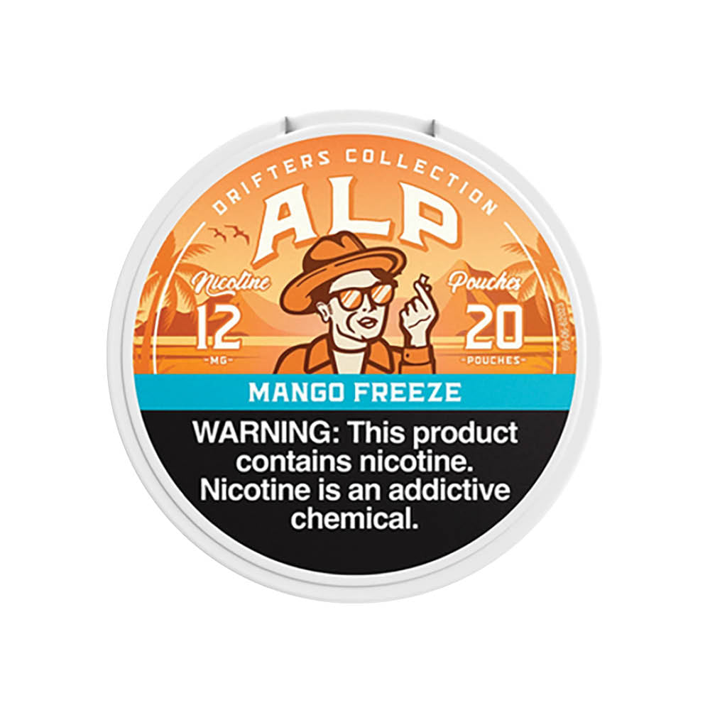 Smokeless ALP Drifters Mango Freeze nicotine pouches in a white container with orange and black branding.