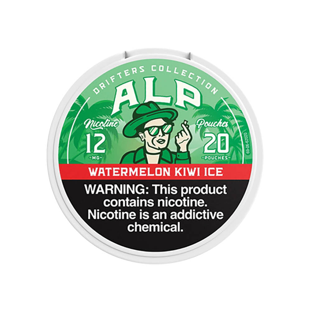 ALP Drifters Watermelon Kiwi smokeless nicotine pouches in a resealable container with watermelon and kiwi flavor graphics