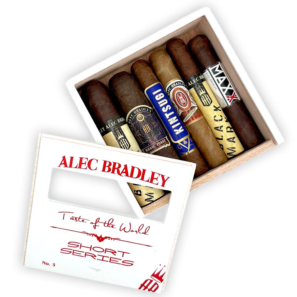 Assorted Alec Bradley Taste of the World premium cigars from the Short Series sampler displayed together.