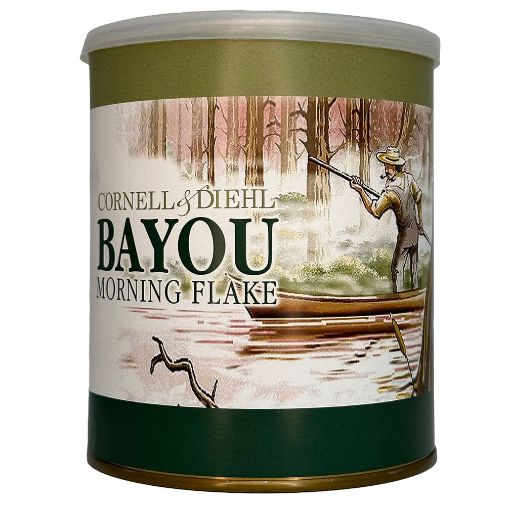 Cornell & Diehl Bayou Morning Flake pipe tobacco in a resealable pouch, showcasing the premium flake tobacco for pipe smokers.