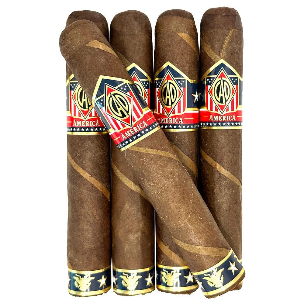 Assorted CAO America premium cigars in a five-pack, featuring distinctive band designs and rich brown cigar wrappers.