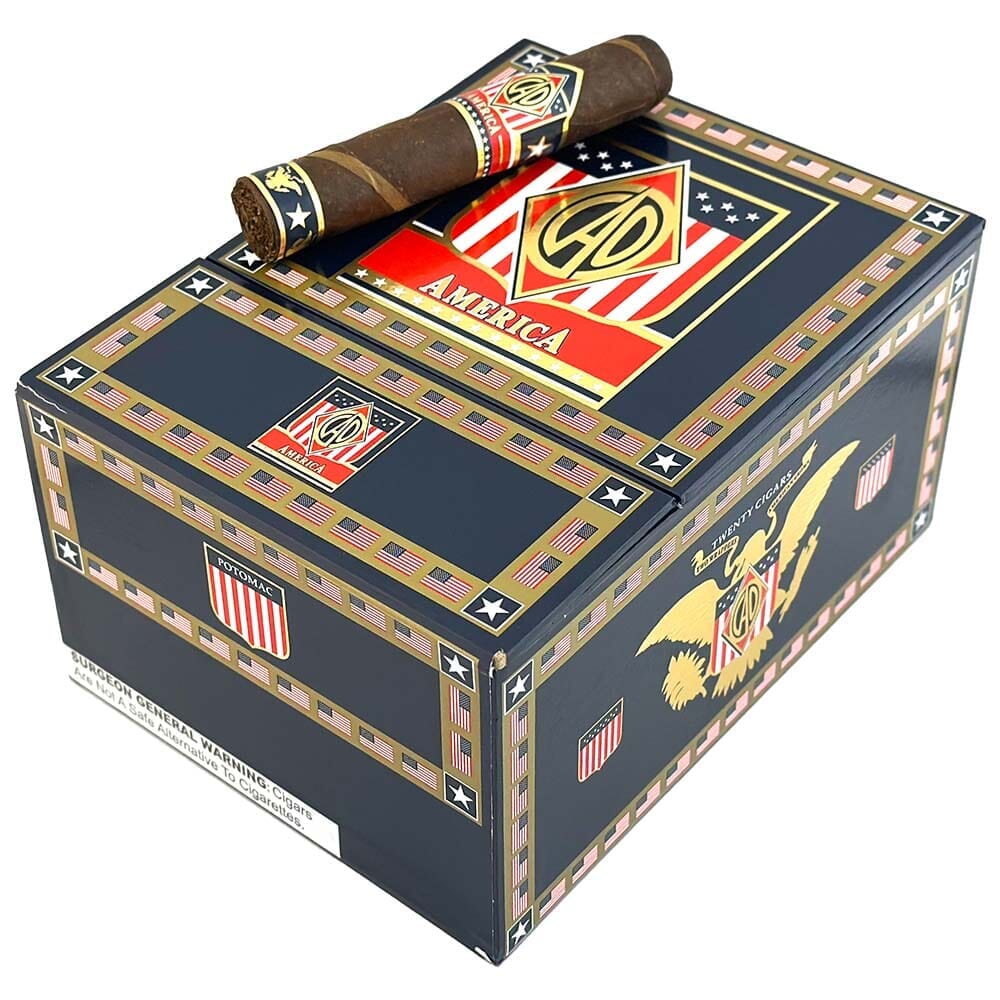 Closed CAO America Premium Cigars Landmark box with colorful artwork and branding, showcasing the cigar packaging design.