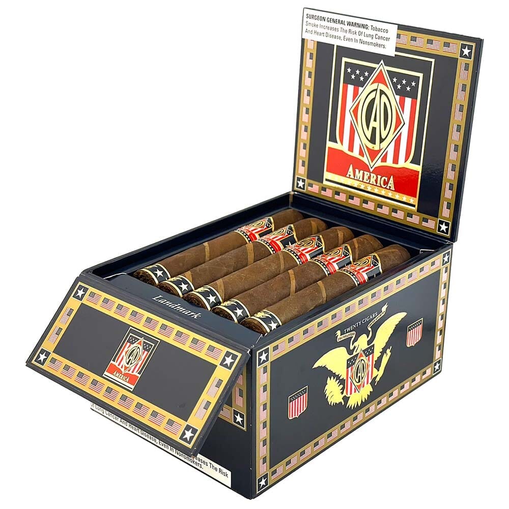Open box of CAO America Premium Cigars showcasing a selection of flavorful cigars from the CAO brand.