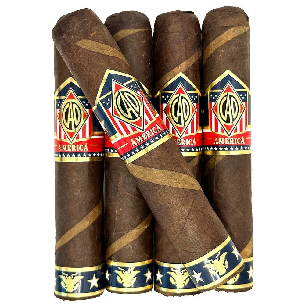 Five CAO America premium cigars in a sleek packaging, showcasing the distinctive branding and design of the CAO cigar line.