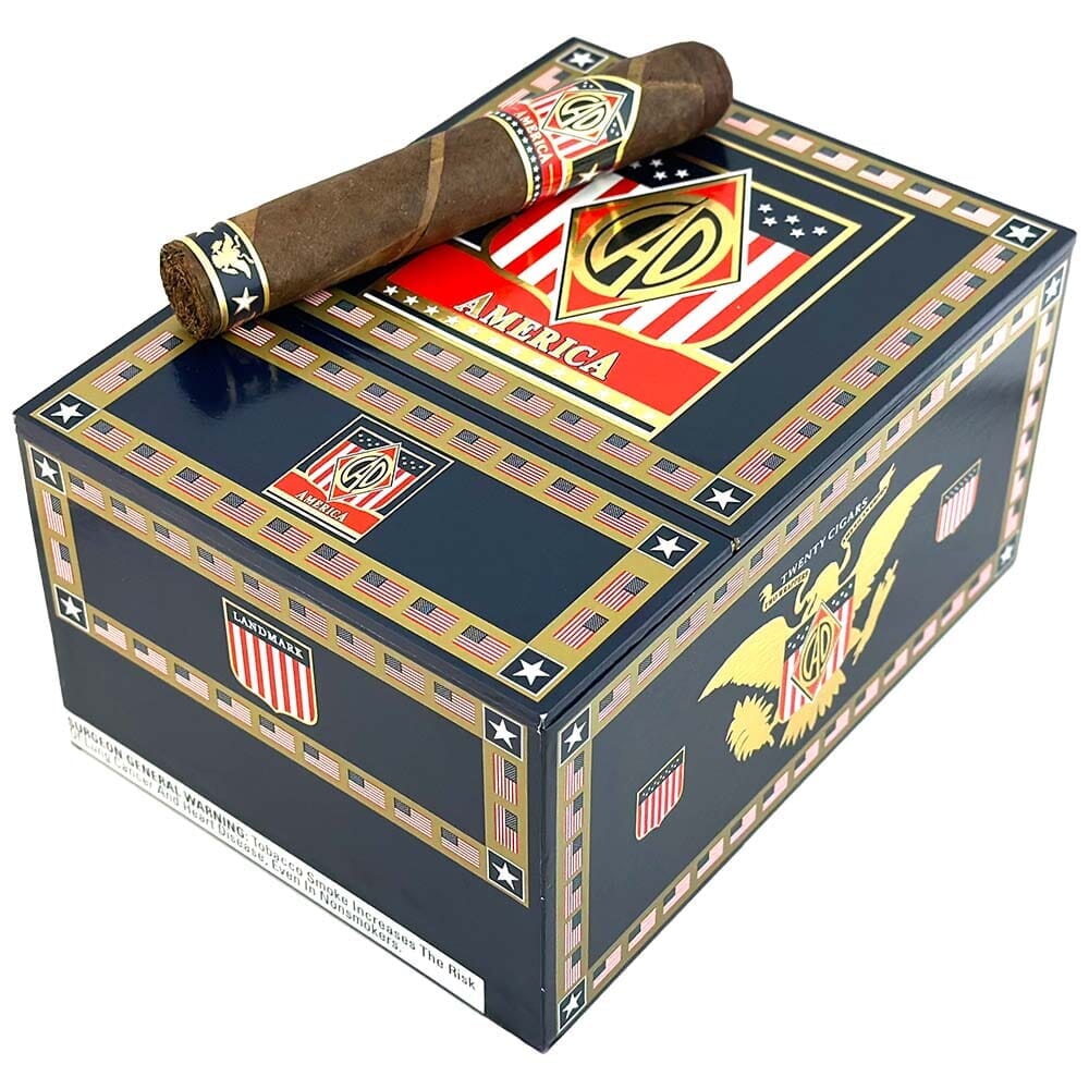 Closed box of CAO America Premium Cigars, featuring the CAO brand and patriotic-themed packaging.