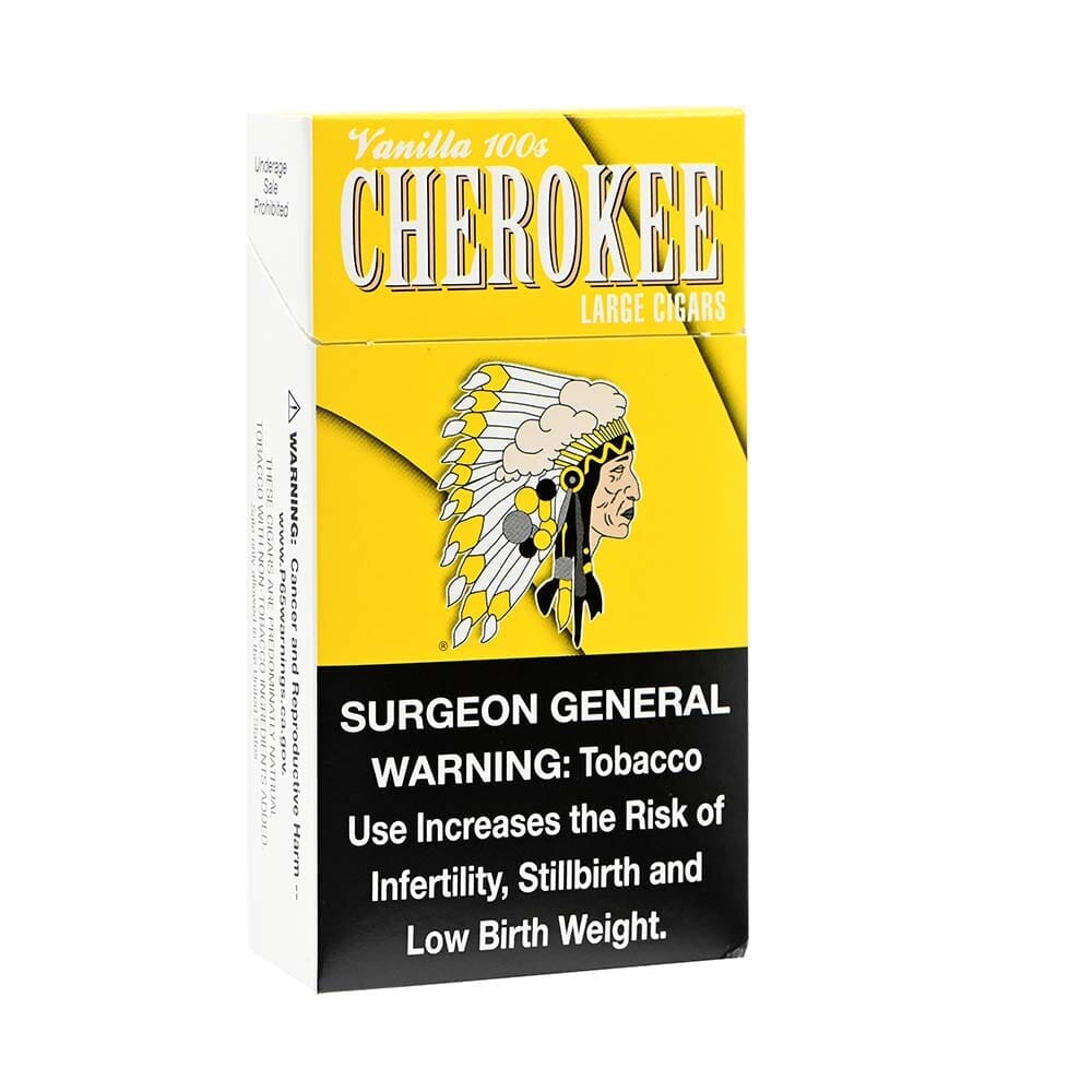 Pack of Cherokee Vanilla Little Cigars showing the colorful packaging with the Cherokee brand logo and vanilla flavor design.