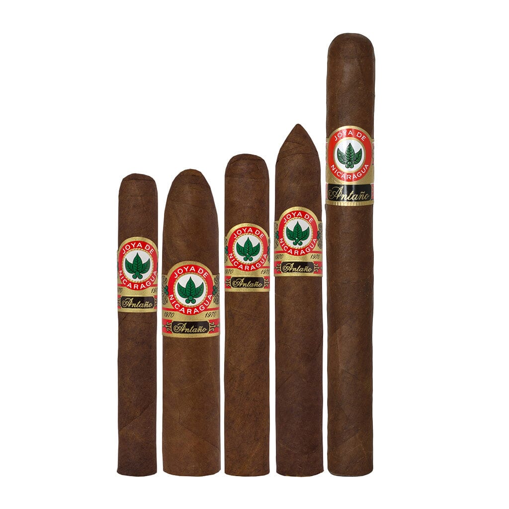 Joya de Nicaragua Antano premium cigars sampler featuring assorted rich, full-bodied cigars in a wooden box.