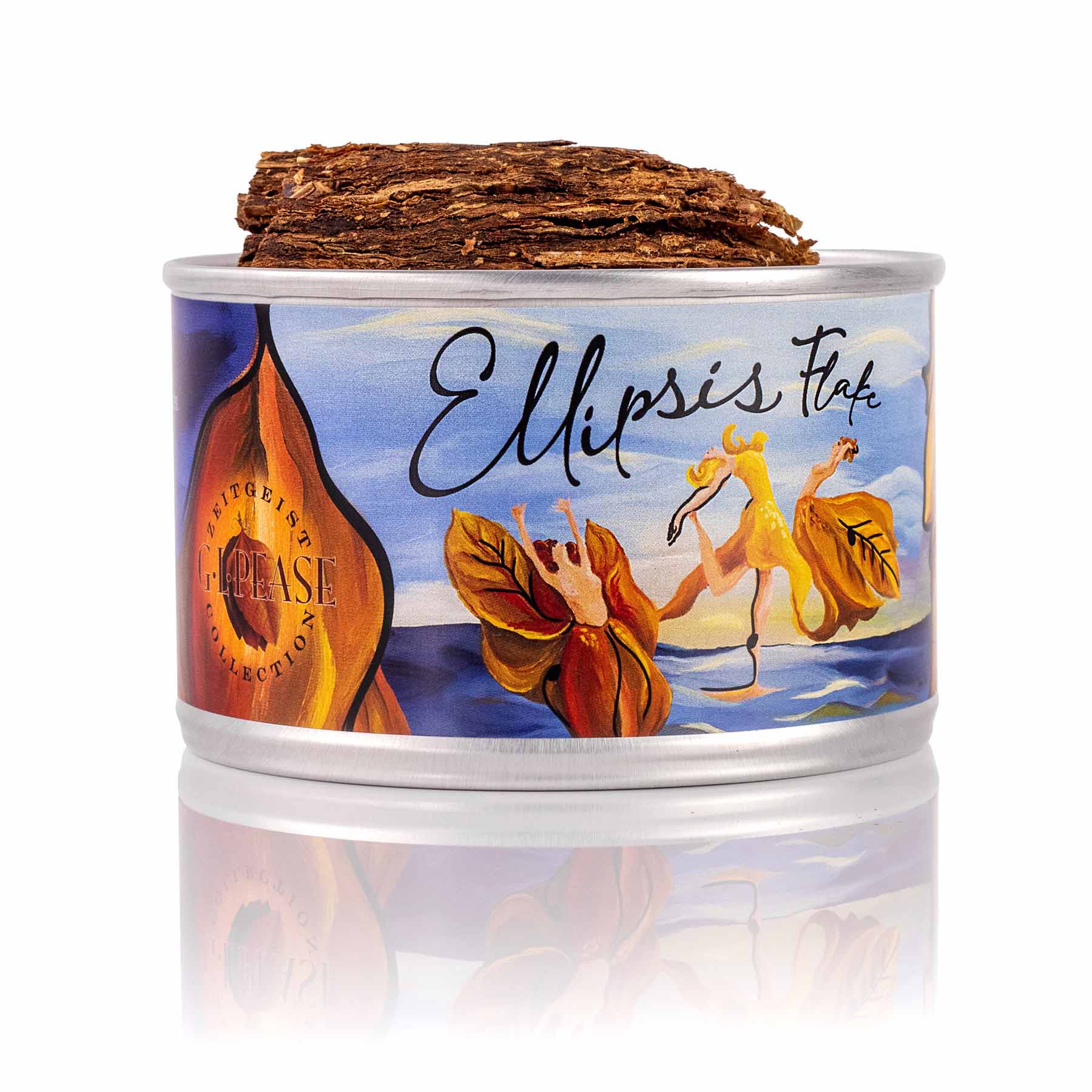 G.L. Pease Ellipsis Flake premium pipe tobacco in a resealable pouch, showcasing golden and dark tobacco flakes.