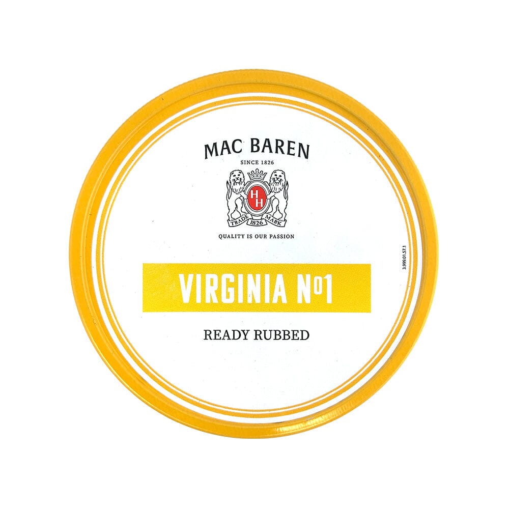 A close-up of Mac Baren Virginia No. 1 pipe tobacco in a tin, showing the tobacco strands and packaging.