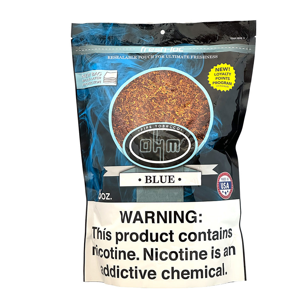 OHM Blue Pipe Tobacco in a 16oz package, featuring bright blue packaging and premium pipe tobacco ready for smoking.
