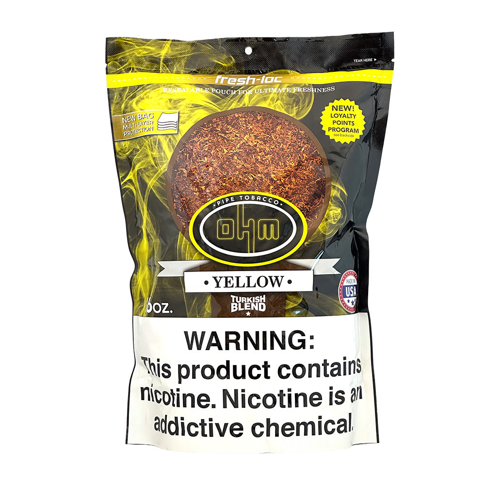 OHM Turkish Yellow Pipe Tobacco in a 16oz package, featuring bright yellow-brown tobacco leaves suitable for pipe smoking.
