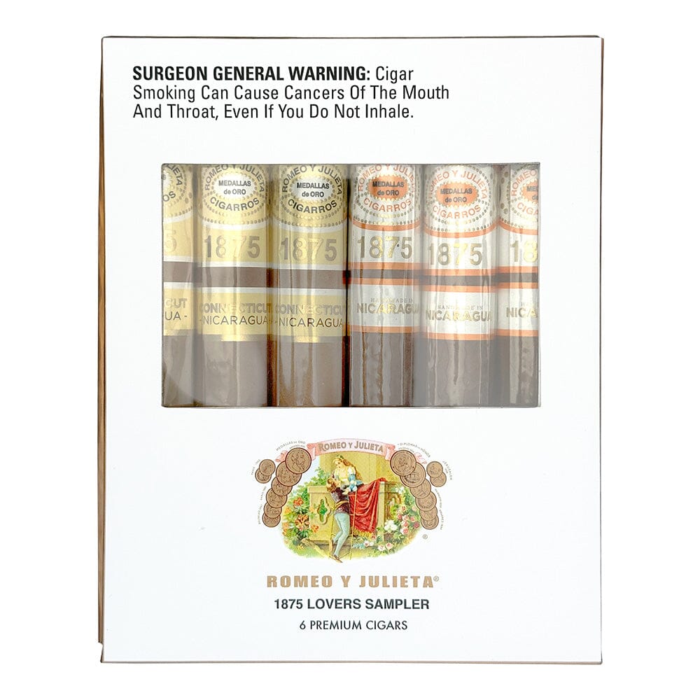 Assorted Romeo y Julieta 1875 Lovers Sampler premium cigars displayed in open packaging, showcasing various cigar sizes and wrappers.