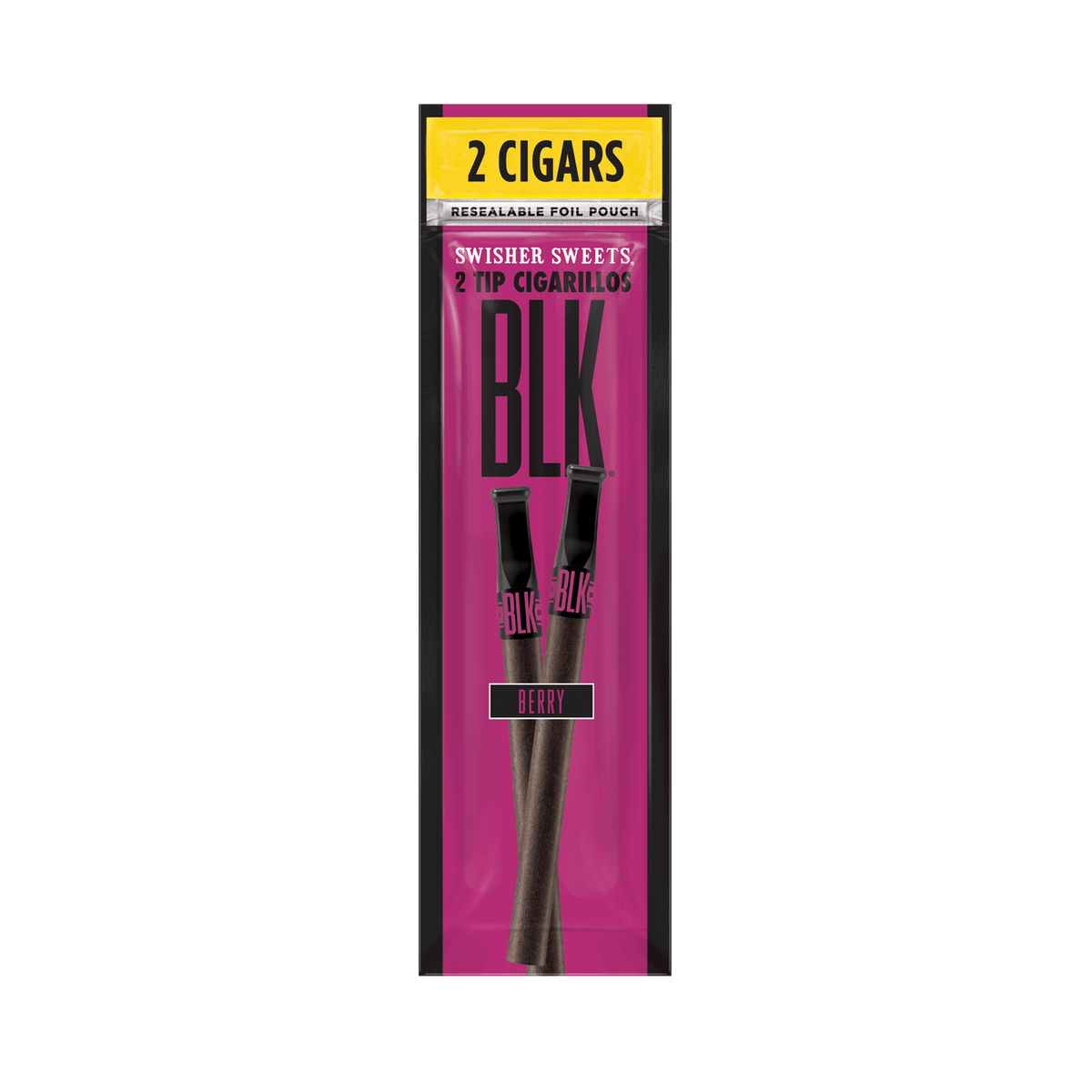 Swisher Sweets BLK Berry Tip cigarillos, machine-made with berry-flavored tips, shown in the product image.