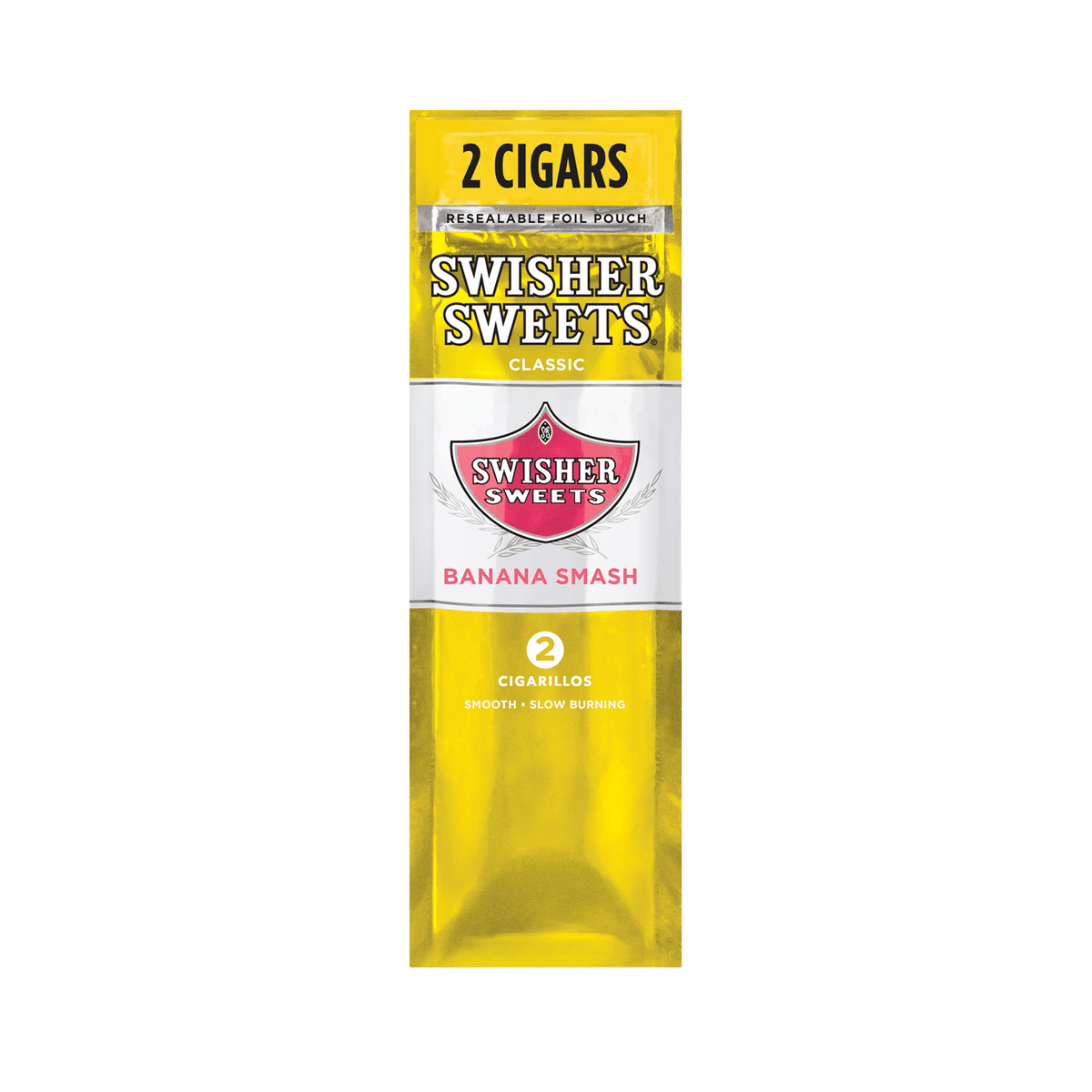 Swisher Sweets Banana Smash cigarillos, machine-made tobacco cigars with banana flavor, displayed in a pack.