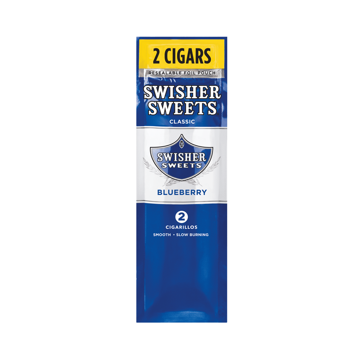 Swisher Sweets Blueberry Cigarillos, machine-made cigars with blueberry flavor, shown in colorful packaging.