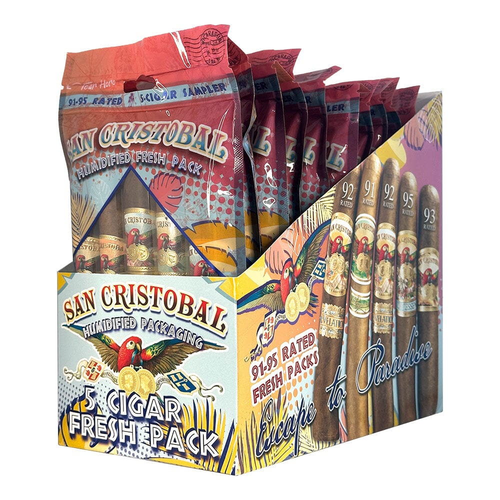 San Cristobal 5 Cigar Fresh Pack featuring premium cigars with a variety of flavors in a sealed sampler pack.