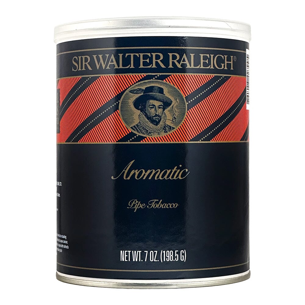 Tin of Sir Walter Raleigh Aromatic Pipe Tobacco showing the branded metal container with tobacco inside and decorative labeling.