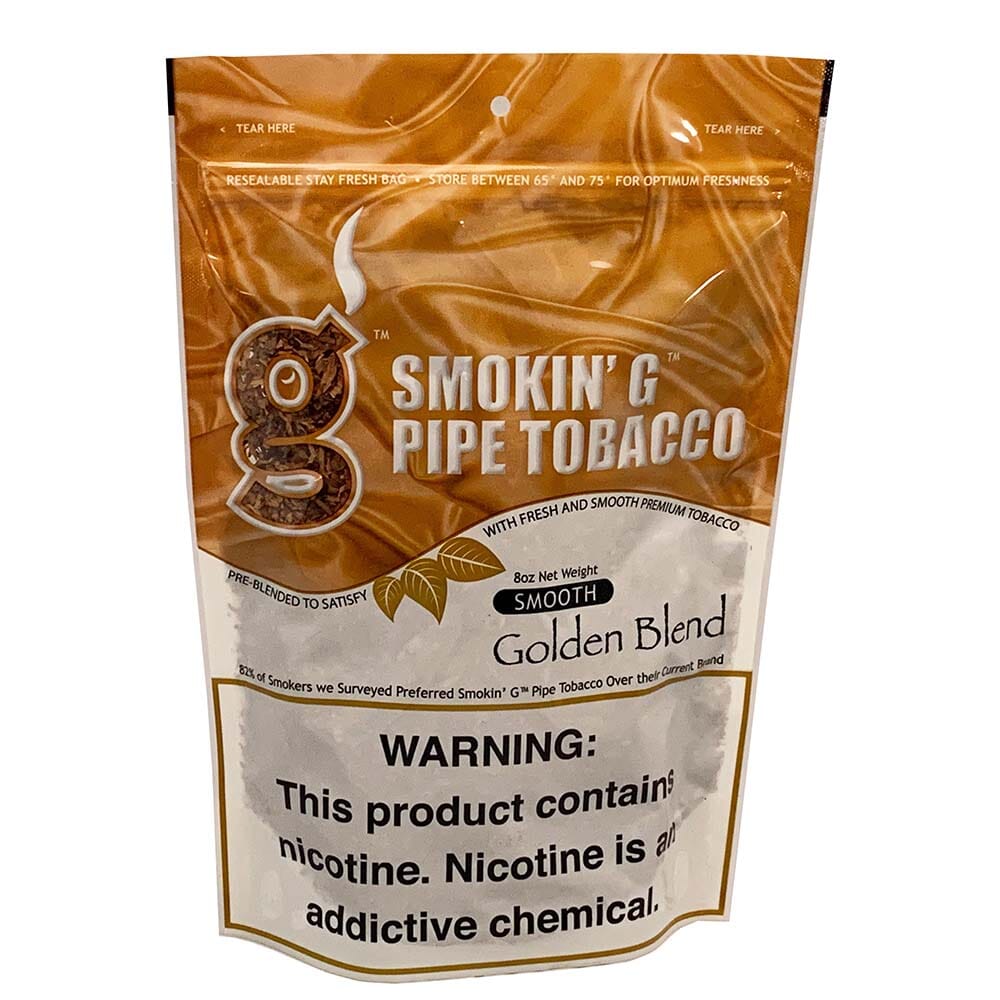 Smokin' G Smooth Golden Pipe Tobacco in a resealable pouch, showcasing the rich, golden tobacco leaves and branding.
