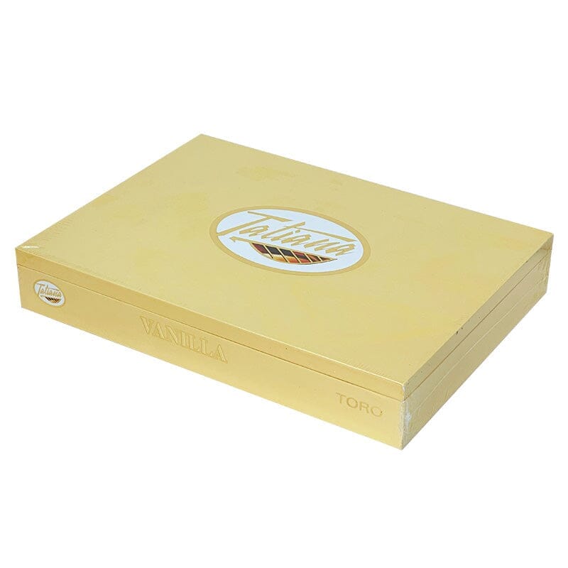 Box of Tatiana Vanilla Toro flavored premium cigars showing the packaging with ten cigars inside.