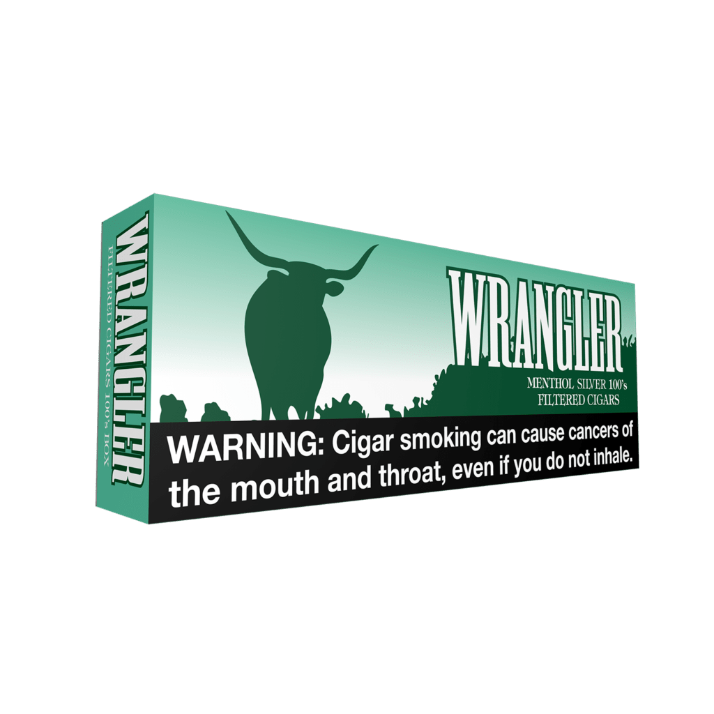 Wrangler Menthol Silver Little Cigars pack with silver and menthol branding, featuring small cigars in a clear package.
