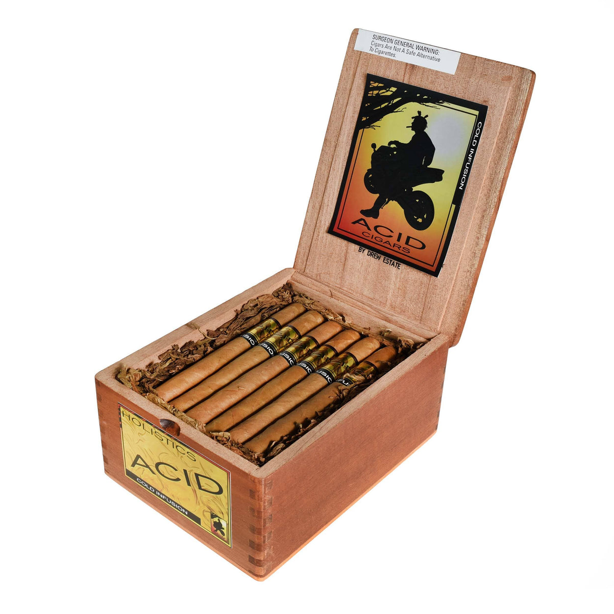 Premium Acid Gold Cigars with cold infusion, showcasing rich golden-brown wrapped cigars with intricate band details.