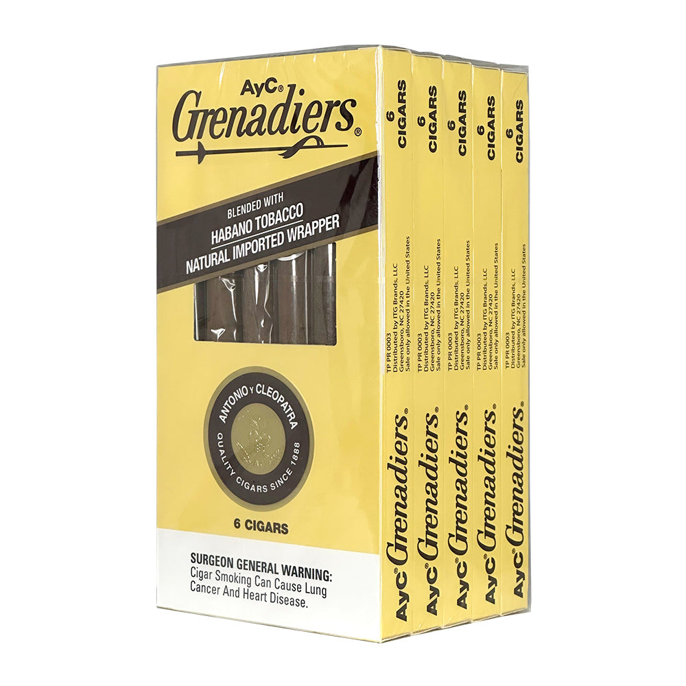 Antonio y Cleopatra Dark Grenadiers cigars in habano wrapper, machine-made with rich, dark tobacco appearance.