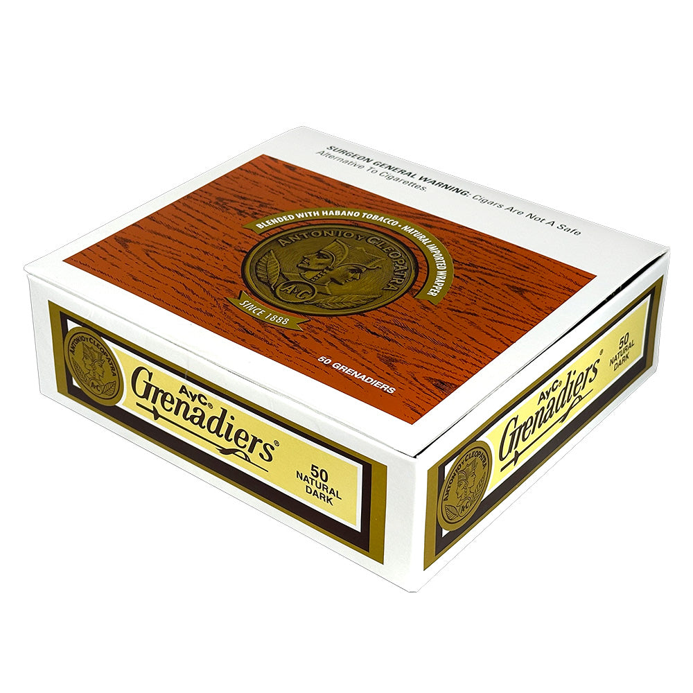 Antonio y Cleopatra Dark Grenadiers cigars in a box, machine-made premium cigars with dark wrapper and Havana-style appearance.