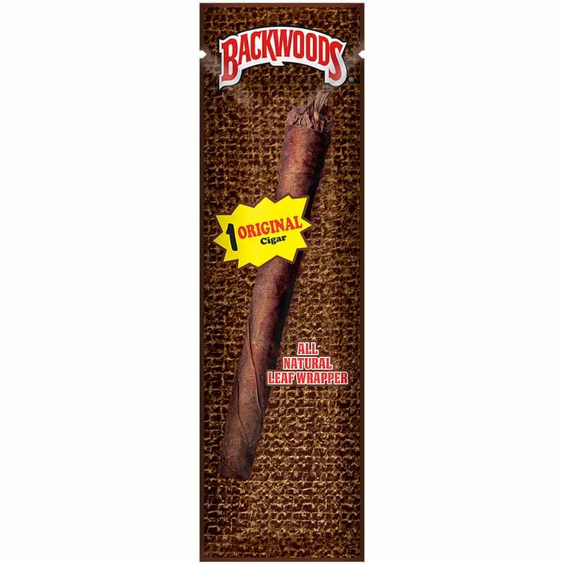 Backwoods Original Cigars in a single pack, machine-made cigars with a straight wrapper, showcasing the product's packaging and appearance.