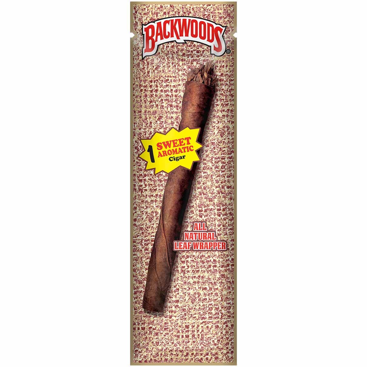 Backwoods Sweet Aromatic Cigars, machine-made, featuring a pack of straight cigars with distinctive branding and packaging.
