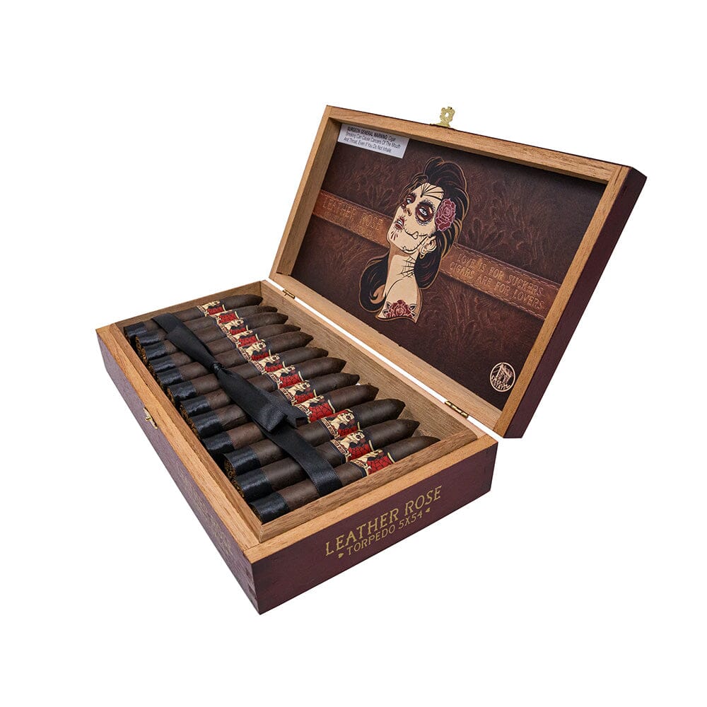 Premium Deadwood Leather Rose Maduro Torpedo cigar with dark, textured wrapper, showcasing its luxurious and handcrafted appearance.
