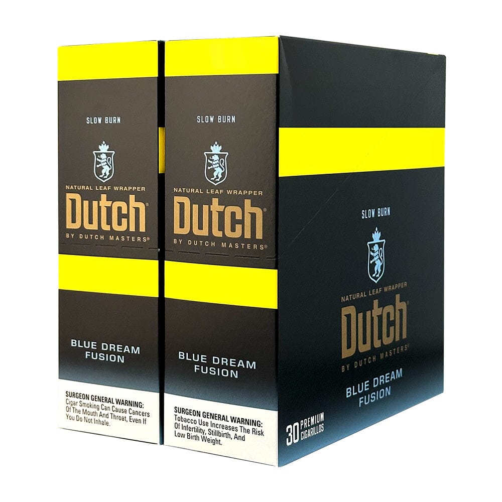 Machine-made Dutch Masters Blue Dream Fusion cigarillos featuring blue packaging and a close-up of the cigarillos.