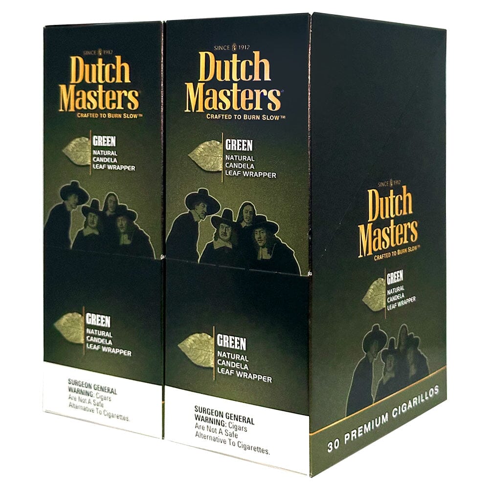 Machine-made Dutch Masters Green Cigarillos in a pack, showcasing the green-tipped cigarillos with foil wrapping.