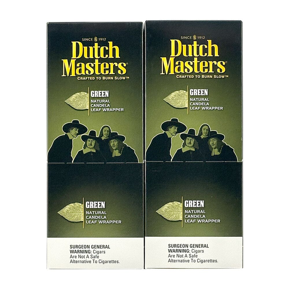 Machine-made Dutch Masters Green Cigarillos displayed in a pack, showcasing the vibrant green packaging and individual cigarillos.