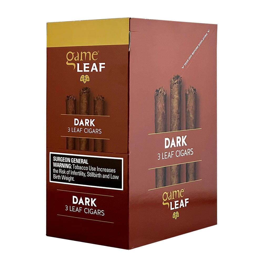 Machine-made Game Leaf Dark cigarillos with dark wrapper, shown in a close-up image highlighting the smooth, dark cigarillo exterior.