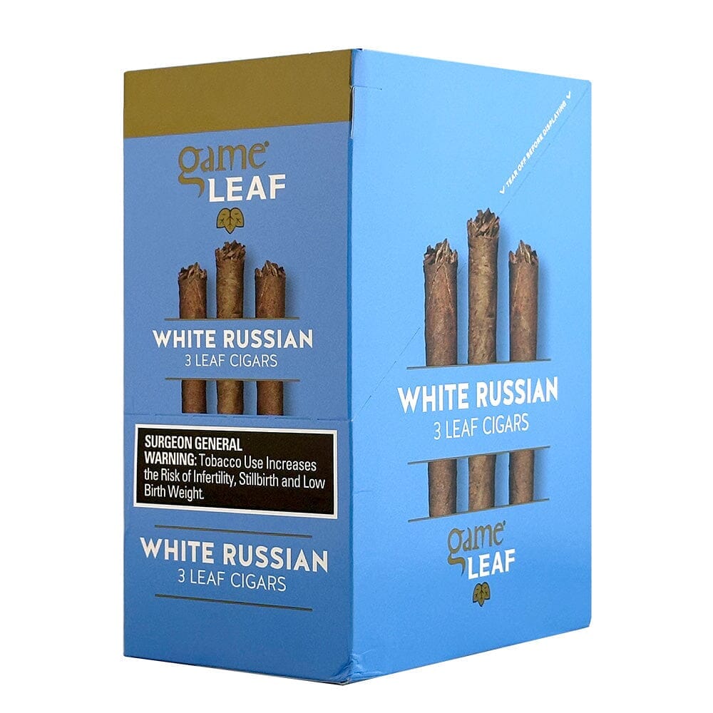Machine-made Game Leaf White Russian cigarillos in a pack, featuring white leaf tobacco and premium cigarillo design.