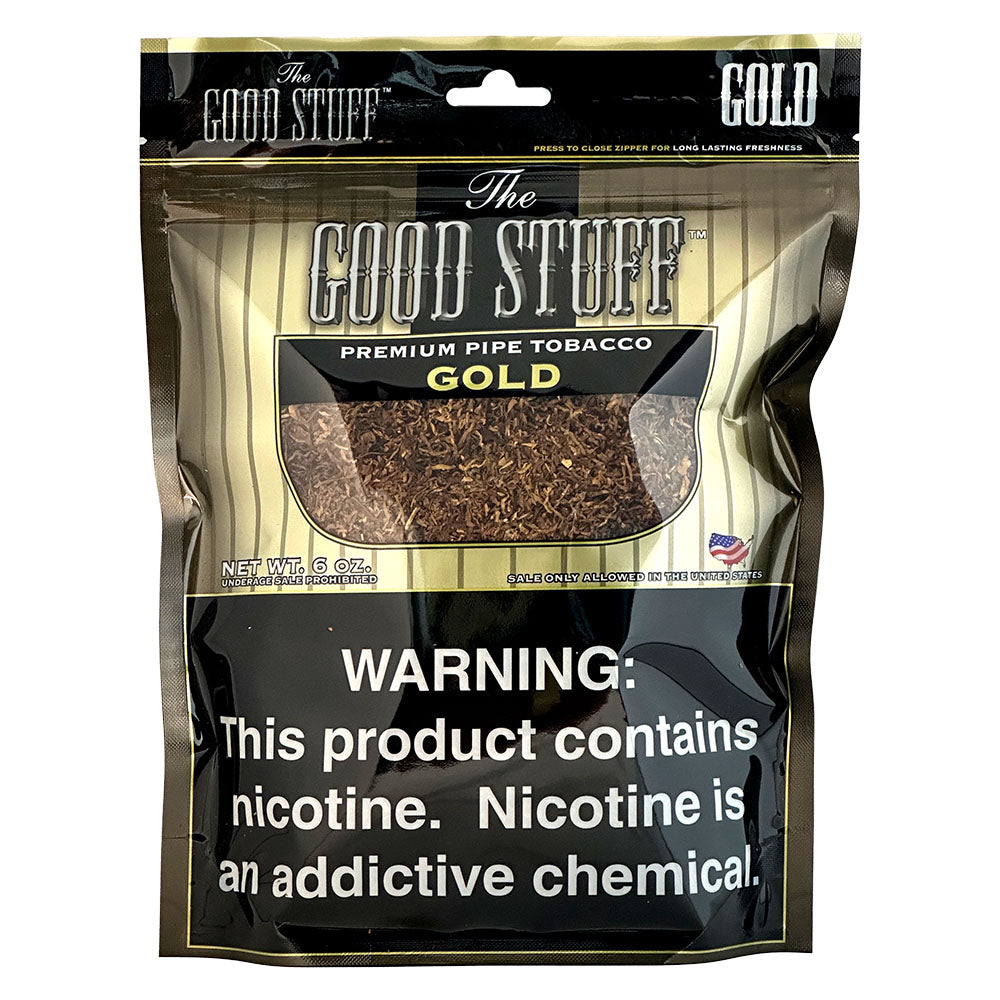 Golden-brown Good Stuff Gold Pipe Tobacco in a 6oz package, ideal for pipe smoking enthusiasts.