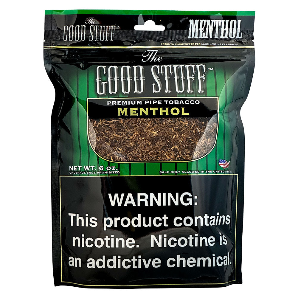 Good Stuff Menthol Pipe Tobacco in 6oz package, featuring menthol-infused pipe tobacco with menthol leaves and branding.