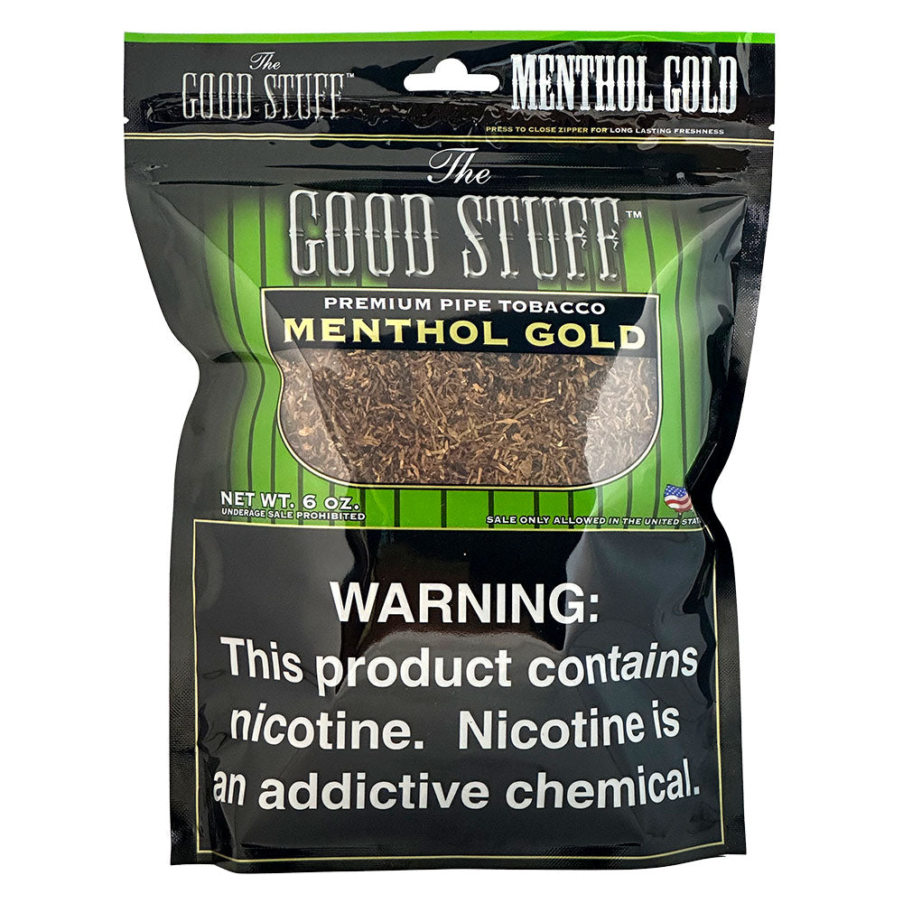 Good Stuff Menthol Gold Pipe Tobacco in 6oz package, featuring a vibrant label with menthol flavor branding.