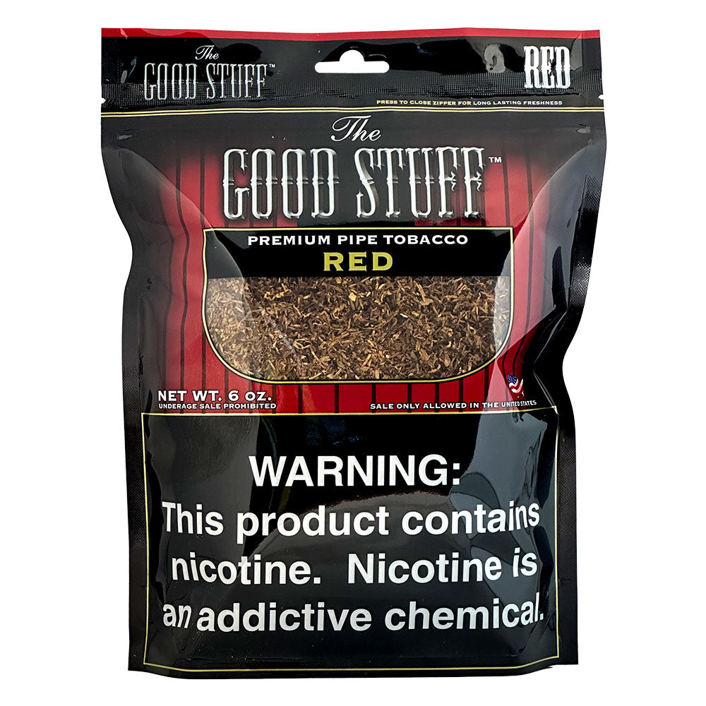 Good Stuff Full Flavor Pipe Tobacco in a 6oz red package, featuring rich, full-bodied tobacco for pipe smoking enthusiasts.