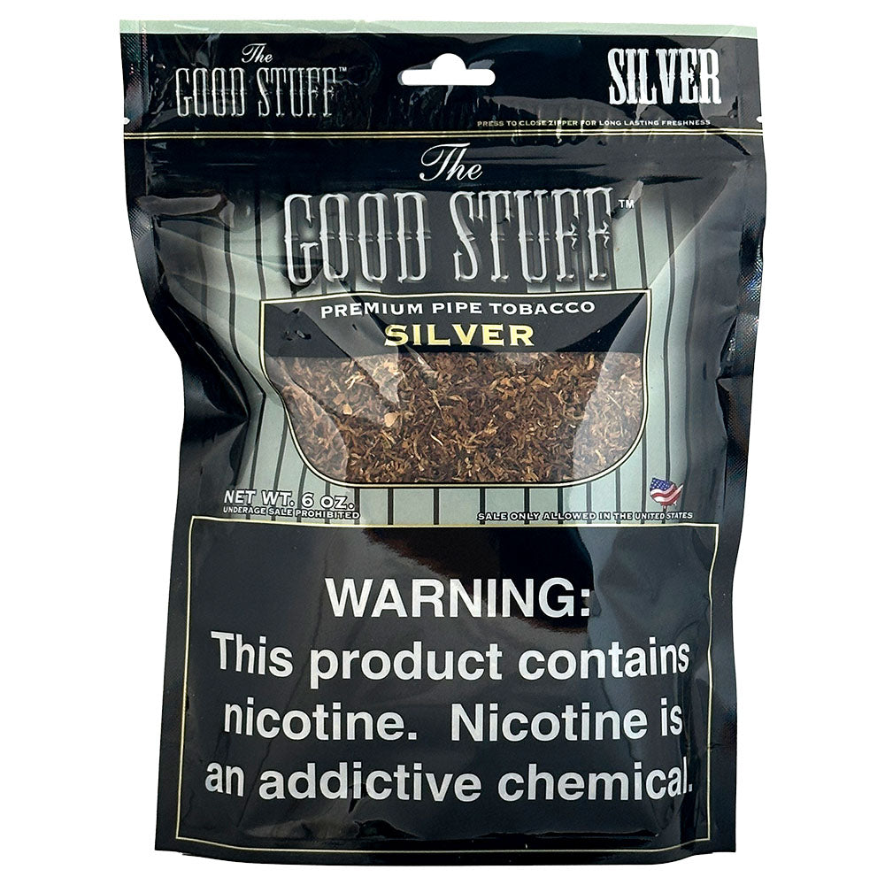 Silver Pipe Tobacco by Good Stuff in a 6oz bag, showing the packaging and product label of the pipe tobacco.