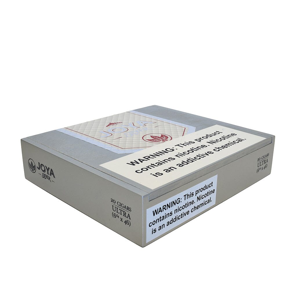 Joya de Nicaragua Silver premium cigar box with three cigars displaying dark brown wrappers and gold accents.
