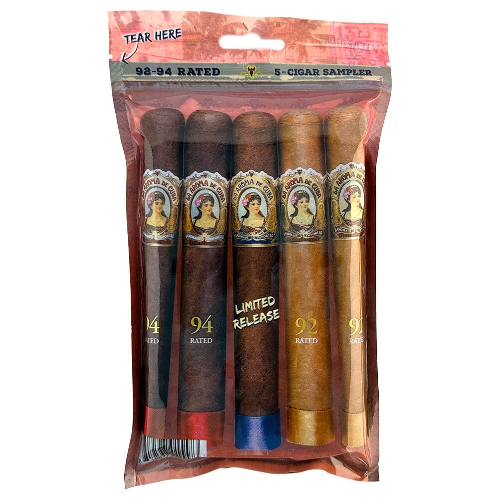 Assorted La Aroma de Cuba premium cigars from the 92-94 rated sampler pack, featuring various cigar sizes and wrappers.