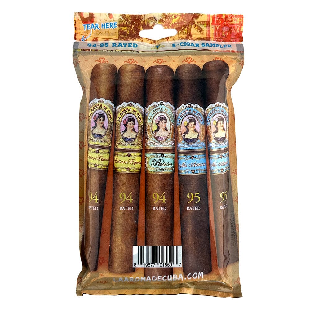 Assorted La Aroma de Cuba premium cigars in a fresh pack sampler with 94-95 rating, showcased in the image.
