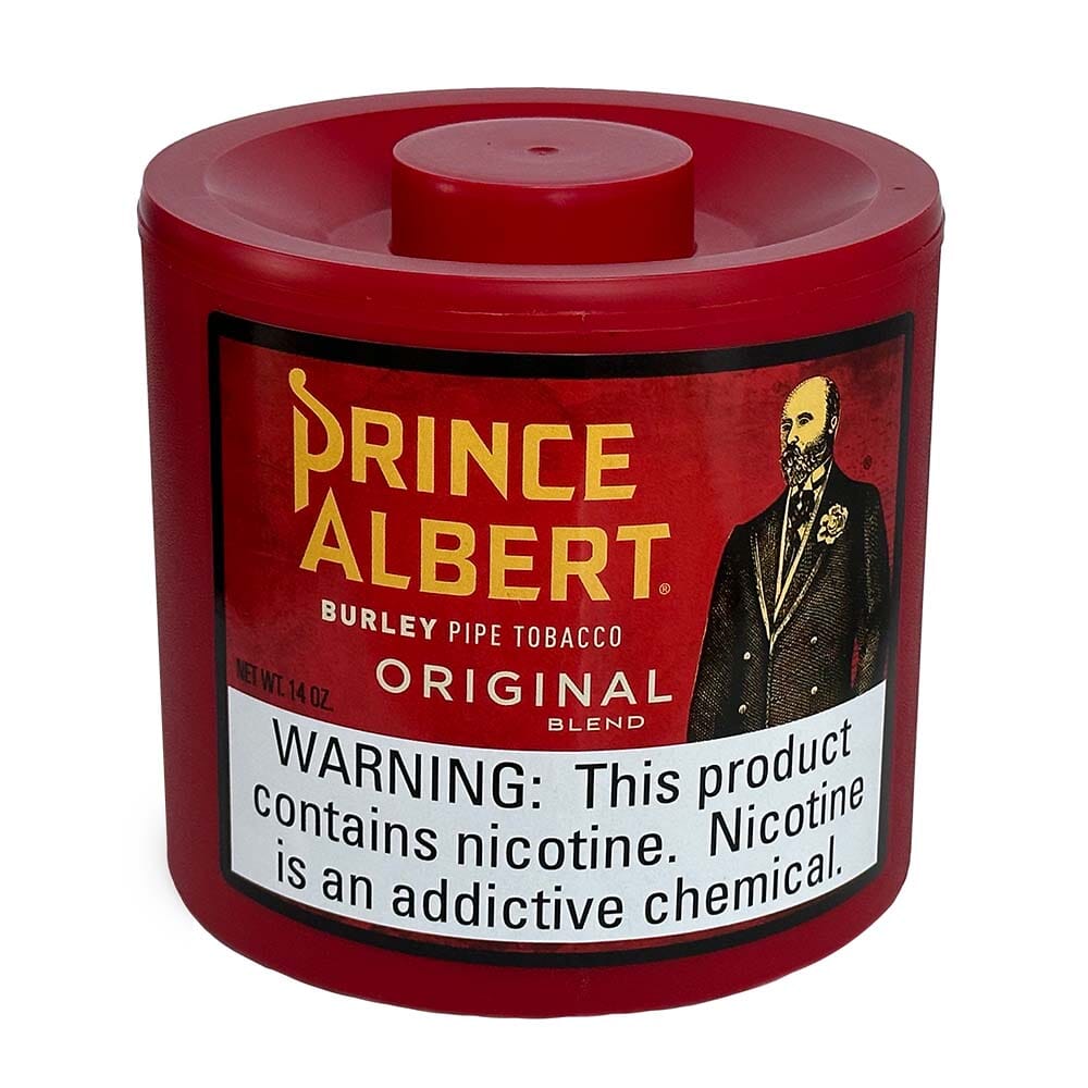 Prince Albert Pipe Tobacco tin featuring the classic label and branding, ready for pipe smoking enthusiasts.