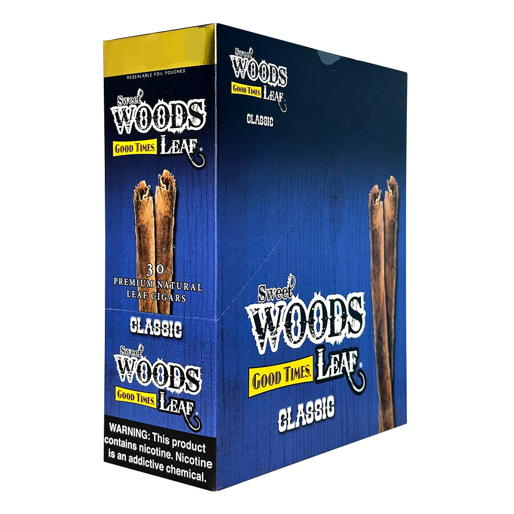 Machine-made Sweet Woods Classic Cigars by Good Times, featuring smooth, hand-rolled cigars with a natural brown wrapper.
