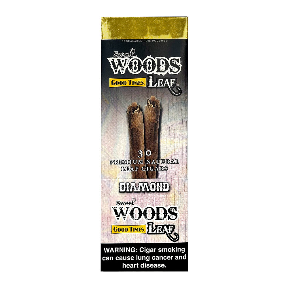 Machine-made Sweet Woods Diamond Cigars by Good Times, showing a close-up of the cigar packaging and branding.