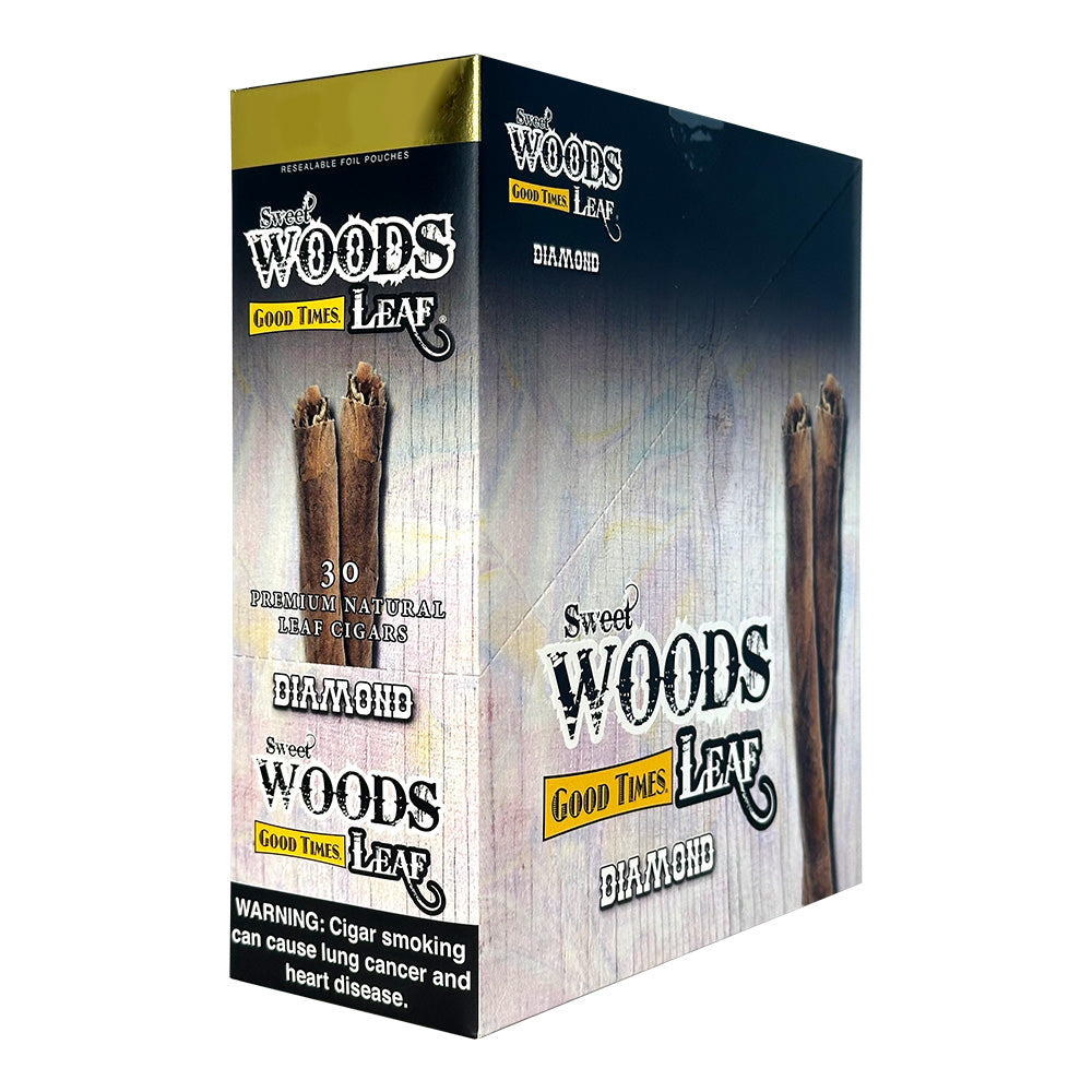 Machine-made Sweet Woods Diamond cigars by Good Times, showing the wrapped cigars with detailed packaging and branding.