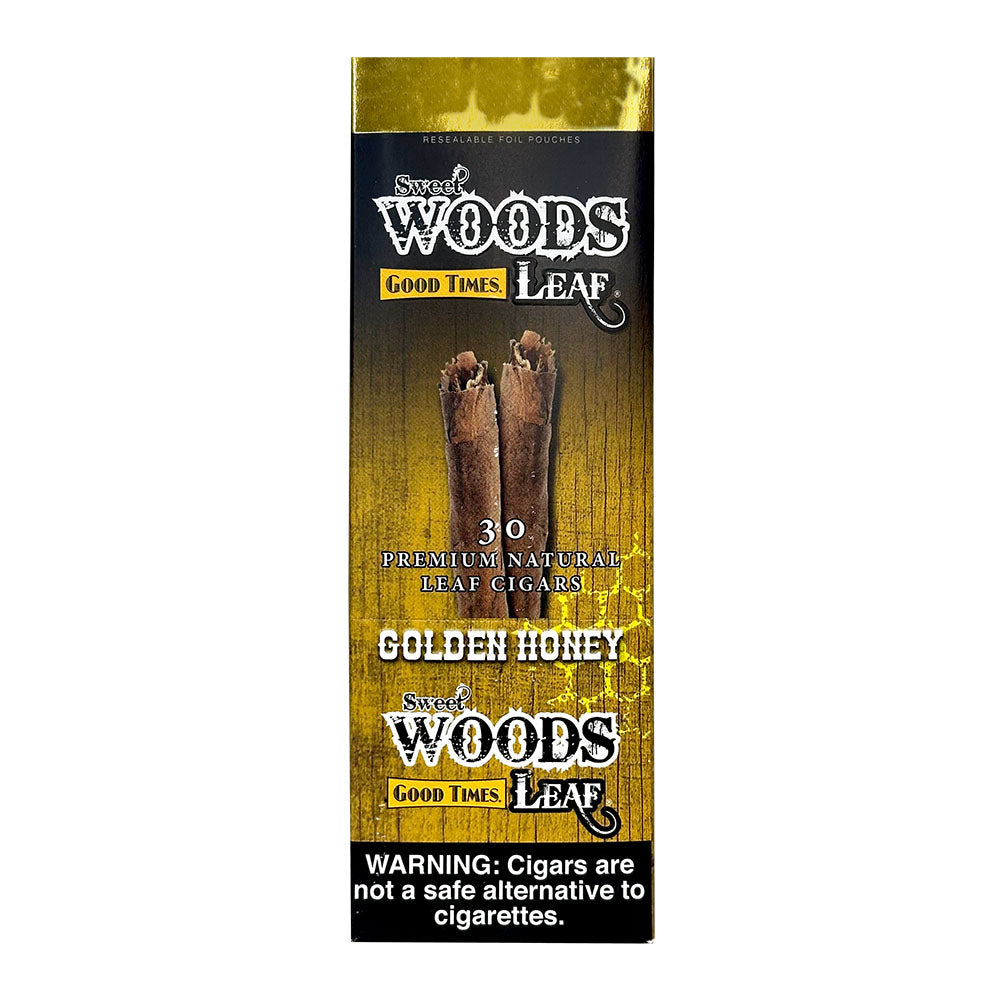 Machine-made Sweet Woods Golden Honey Cigars by Good Times featuring a pack of honey-flavored cigars with golden wrapping.
