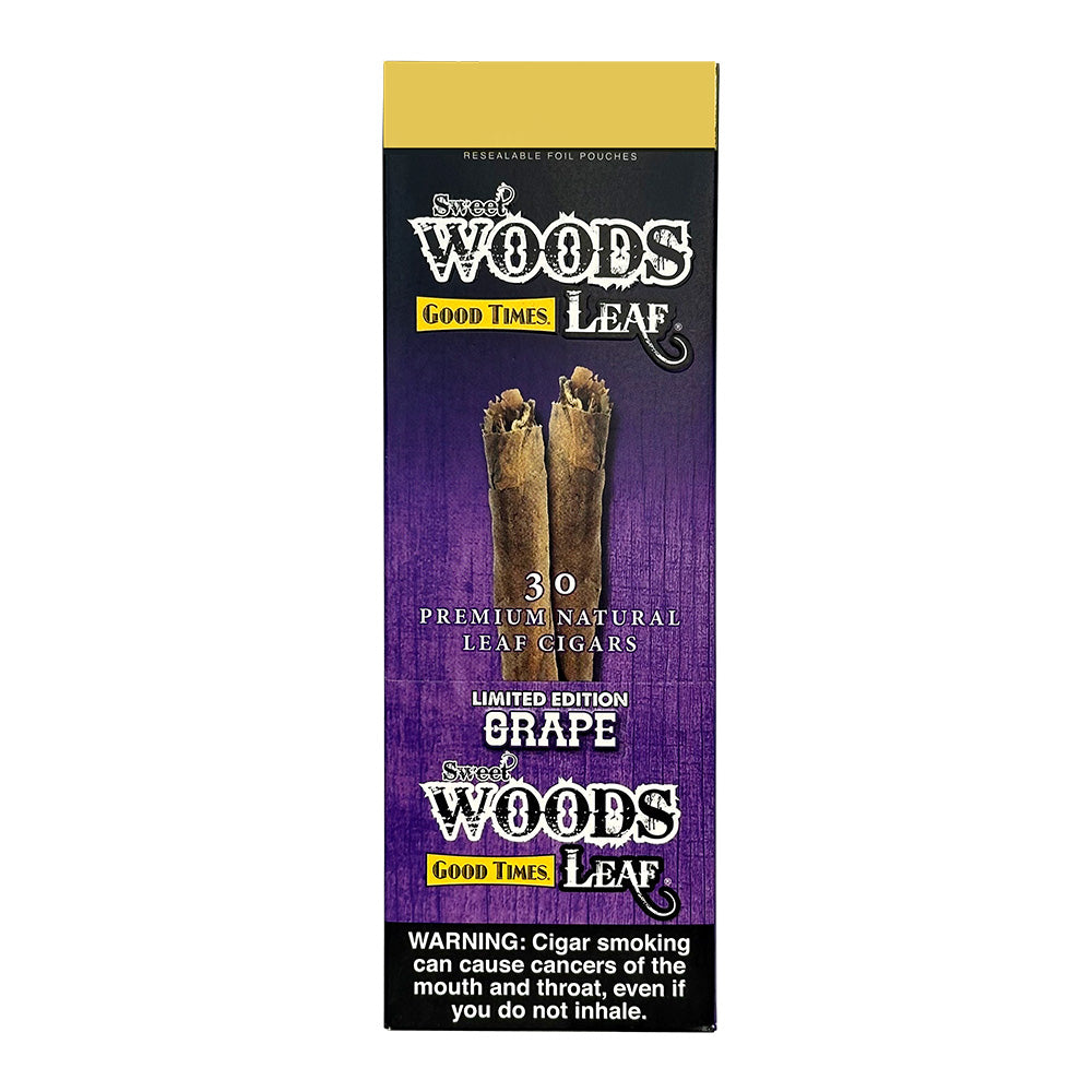Machine-made Sweet Woods Grape Cigars by Good Times, featuring purple grape flavor and tobacco leaves in a clear view.